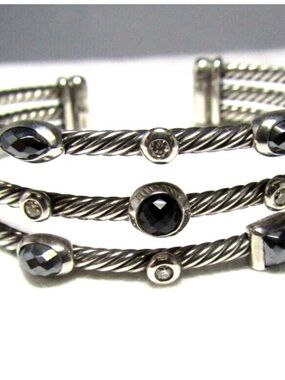 David Yurman Sterling Silver 3-Row Hematite, Onyx and Diamond Confetti  Bracelet
